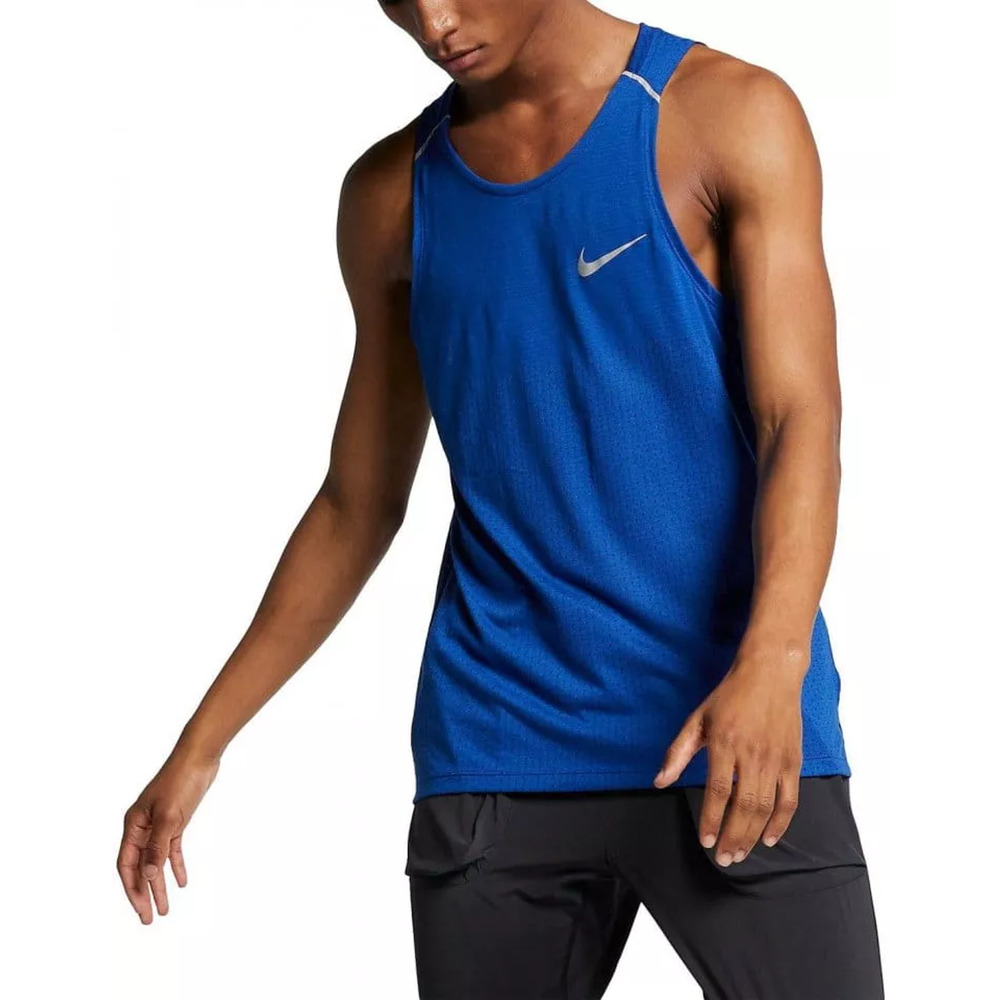 Nike Running Dri-Fit 365 Mens Tank Top L Blue Sleeverss Crew Neck Logo